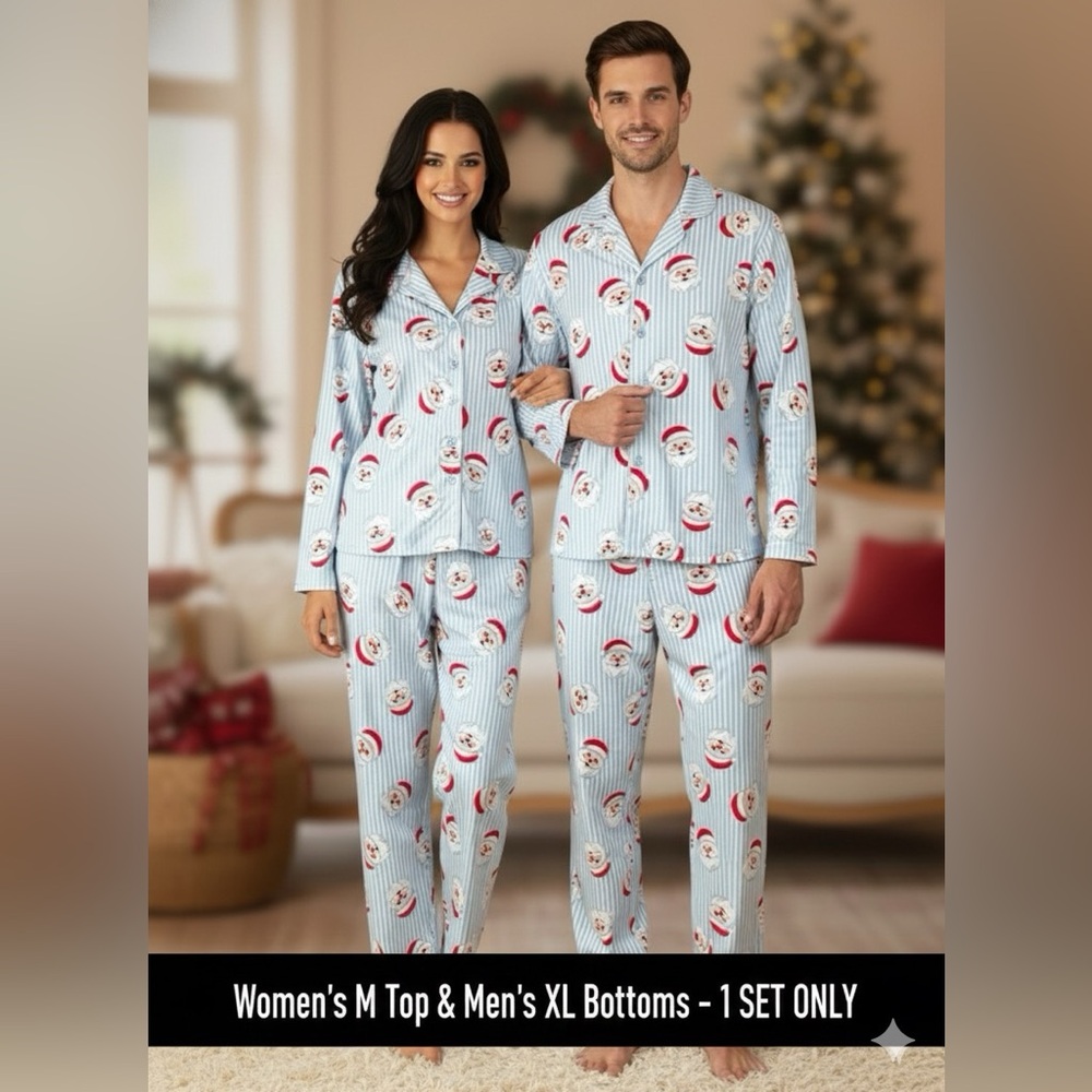 Fammy Jammies Santa Pajama Set Women’s M Top & Men’s XL Pants Blue Stripe Xmas